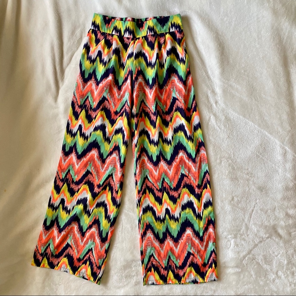 My Michelle Women's Chevron Ikat Wide Leg Palazzo Pants Orange Blue Green M